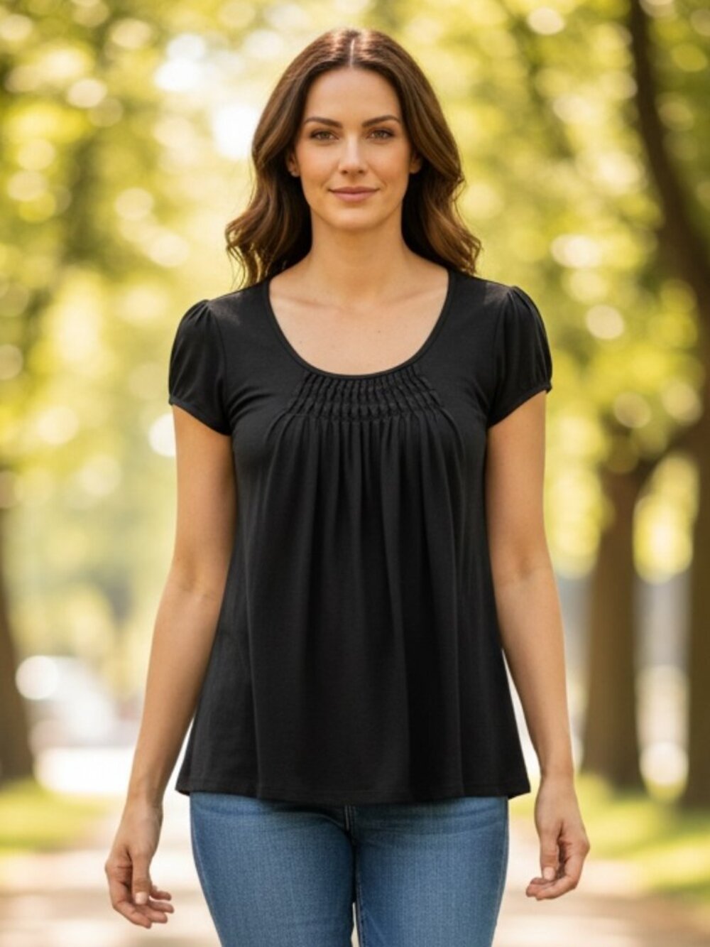 Michael Kors Cotton Smock-Pleat-Front Short Sleeve Top Sz M Black 285G